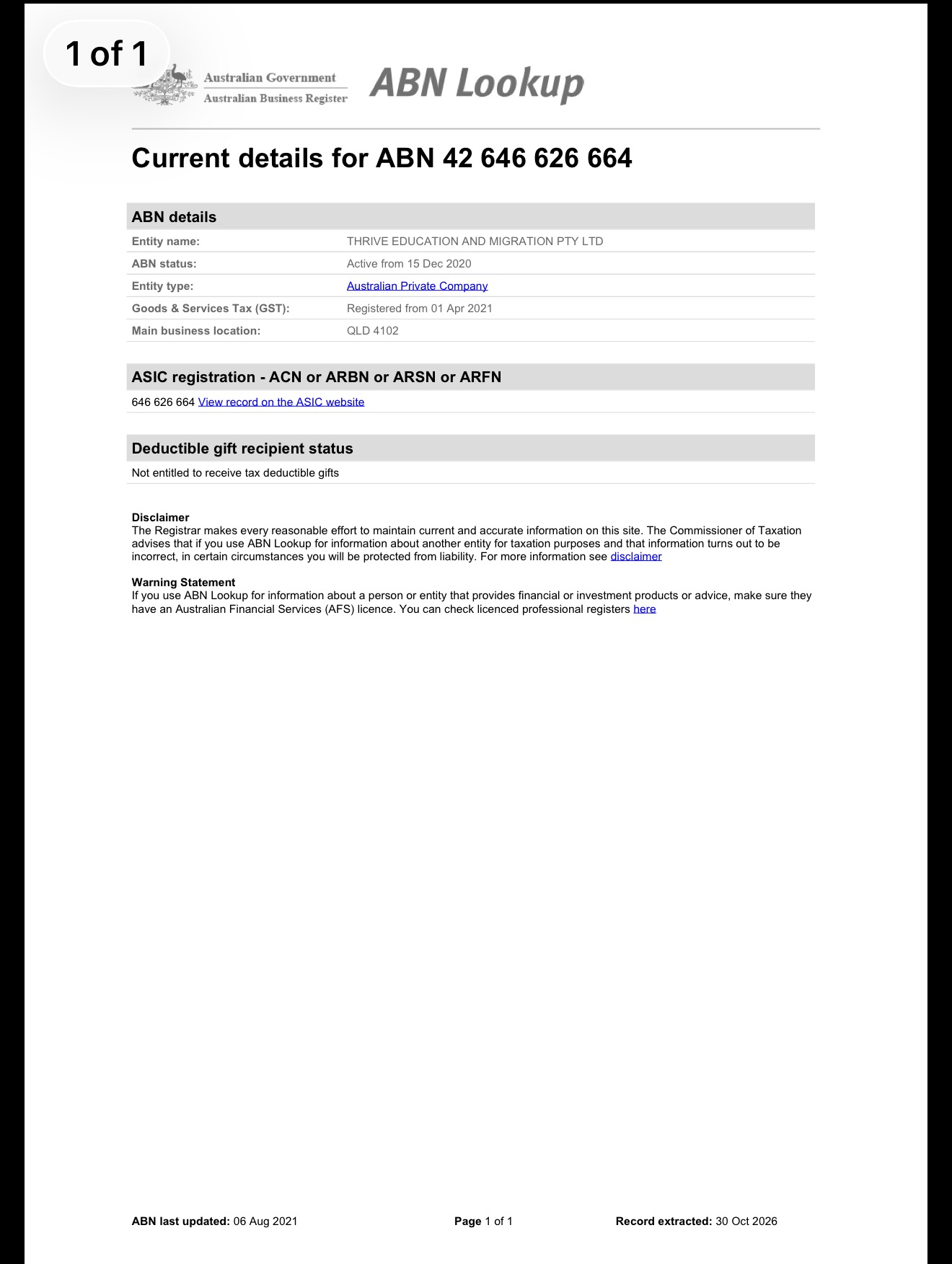 ABN Lookup record for Thrive Education and Migration Pty Ltd, showing ABN 42 646 626 664